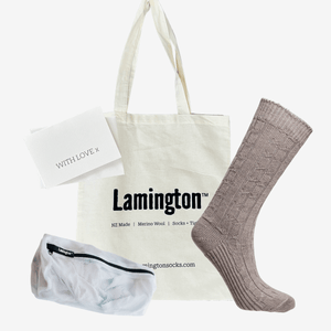 womens plush cable patterned merino lounge socks in oyster colour with tote and laundry bag