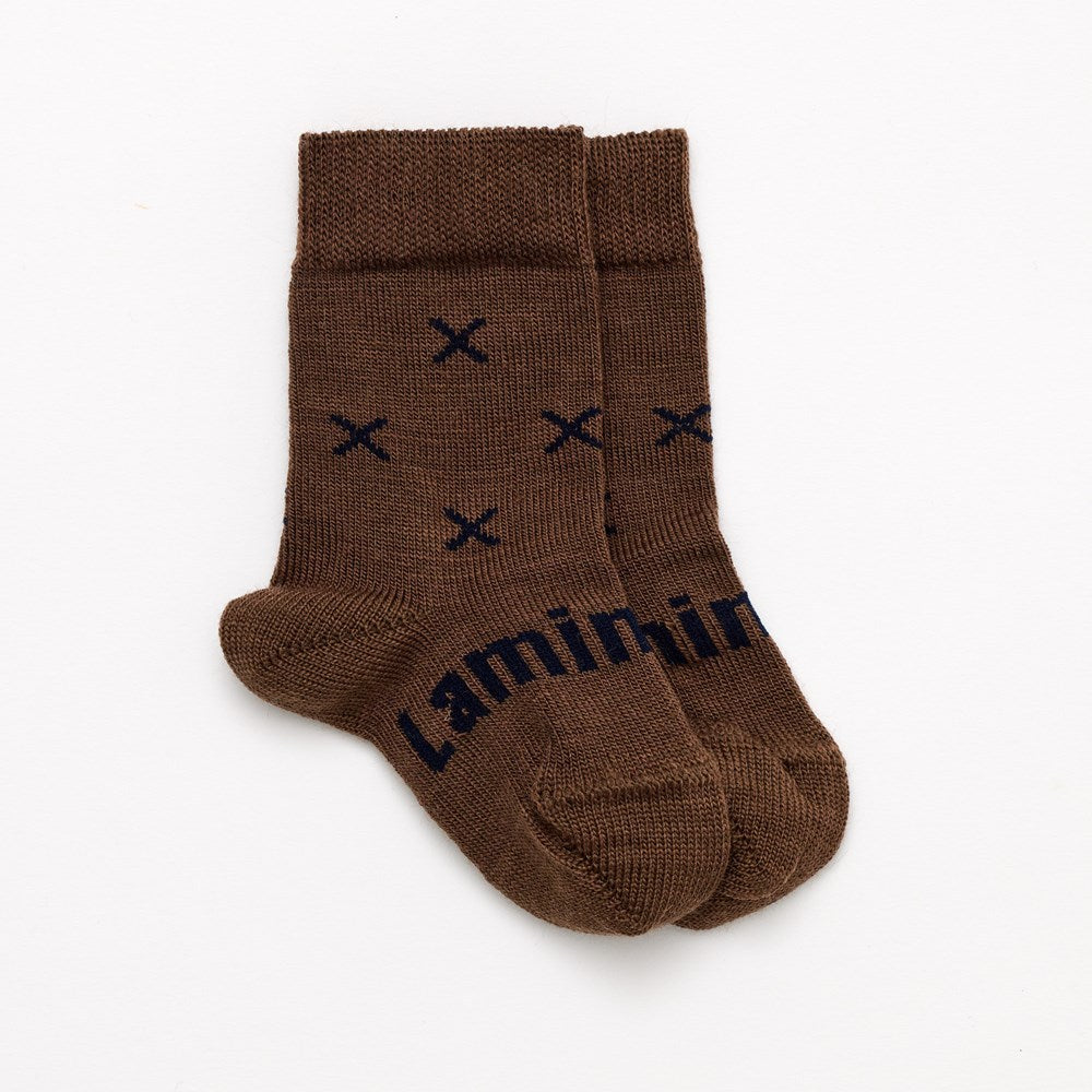 Brown with Dark Blue Spots merino wool crew socks for babies NZ