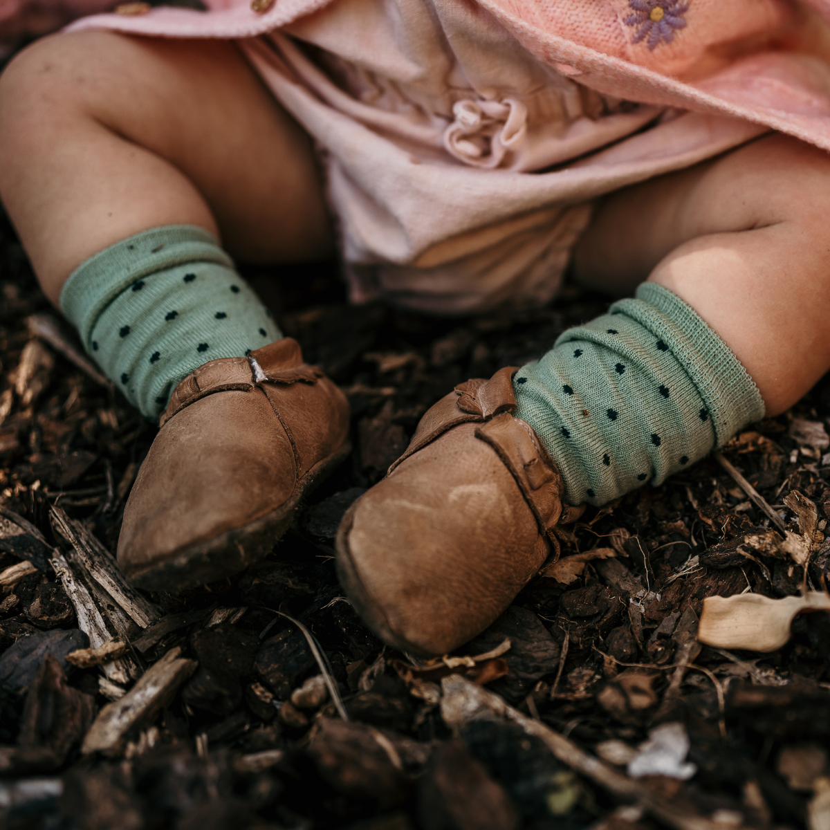 Light Green with dark green spots merino wool baby crew socks by Lamington NZ