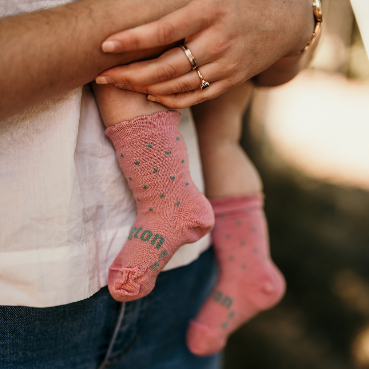 Pink with sage green spots merino wool baby crew socks by Lamington NZ