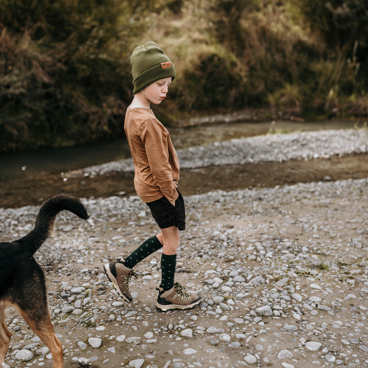 Merino Wool child Knee-high socks dark green with light green crosses by Lamington NZ