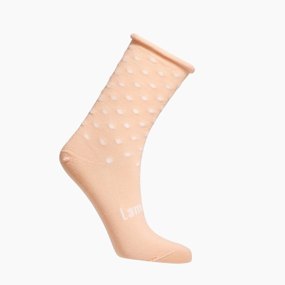 Peach with Natural spots merino wool crew socks for children with a roll top NZ