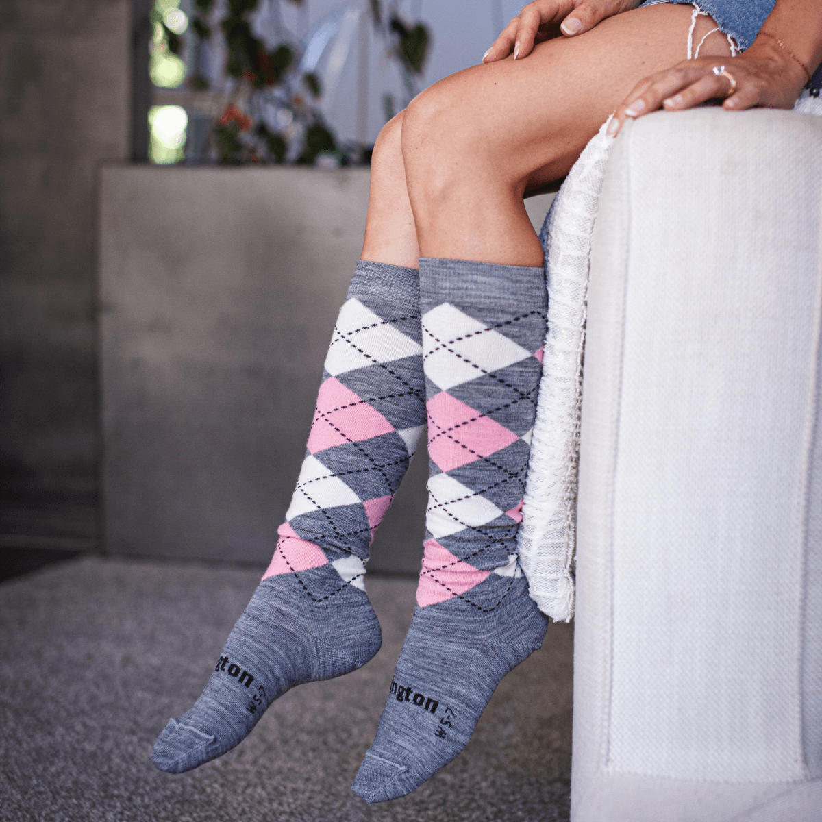 Merino Wool Knee-High Socks Woman Grey Argyle NZ Aus