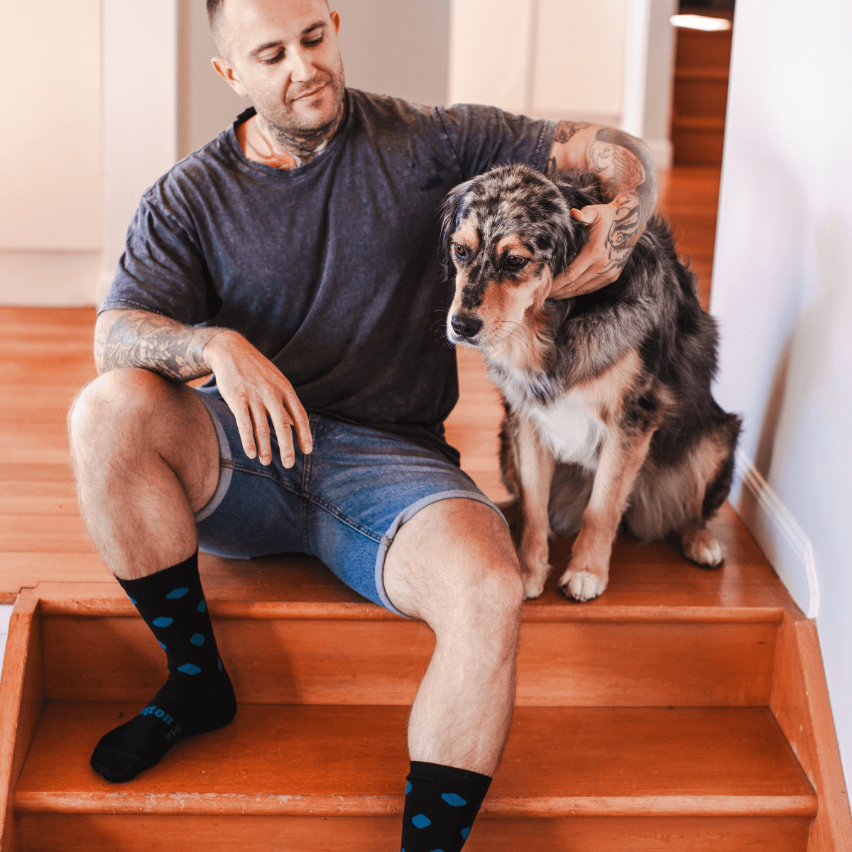 Mens merino wool crew socks Black with blue spots by Lamington NZ